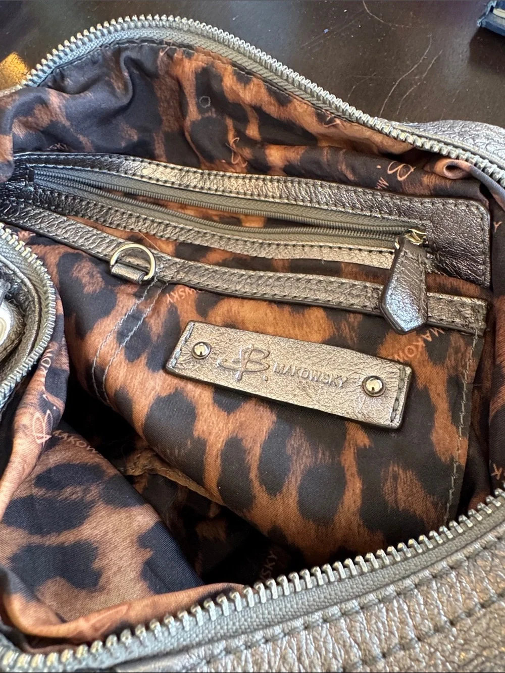 b. makowsky Metallic Gray Leather Hobo Shoulder Bag